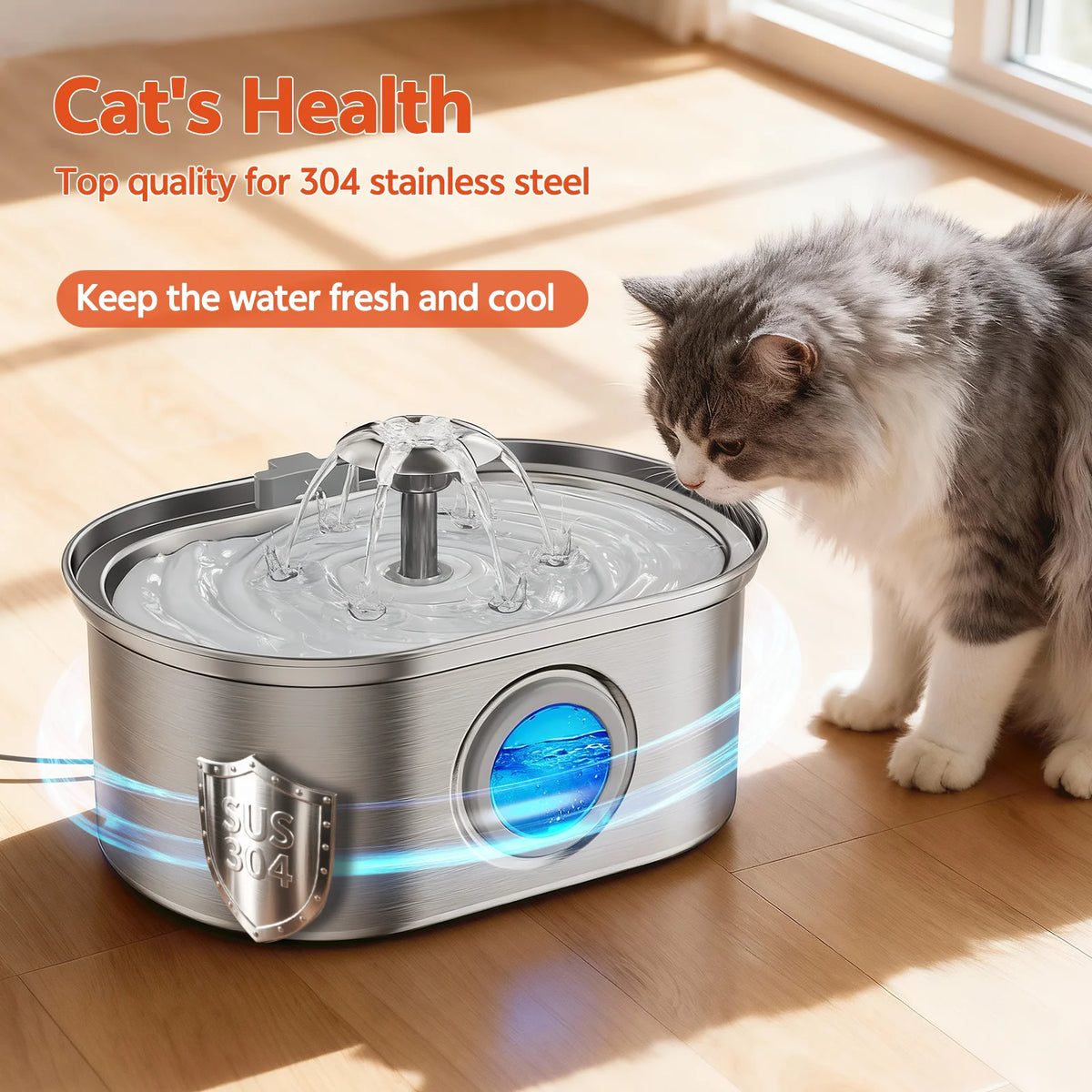 Cat Water Fountain Stainless Steel, 108Oz/3.2L Pet Fountain with Water Level Window,Automatic Water Dispenser for Cats and Dogs, Electric Drinking Bowl Suitable for Multiple Pets, Silver