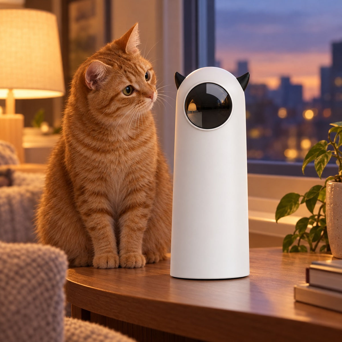 Cat sitting beside the Automatic Cat Toy