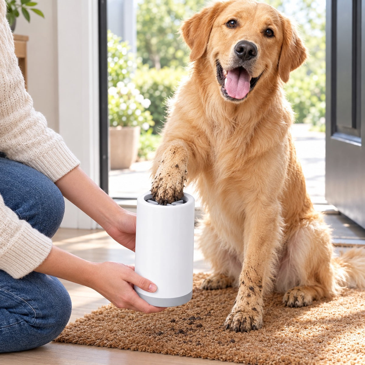 Golden retriever using the Dog Paw Cleaner