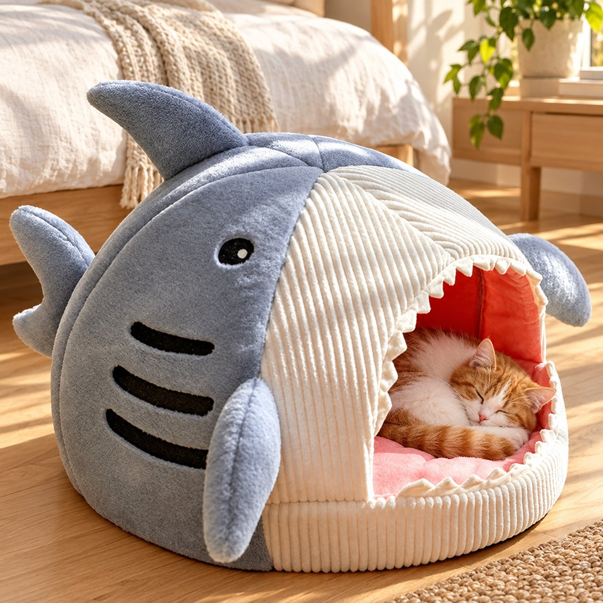 Cat sleeping in the Luxury Plush Shark Pet Bed