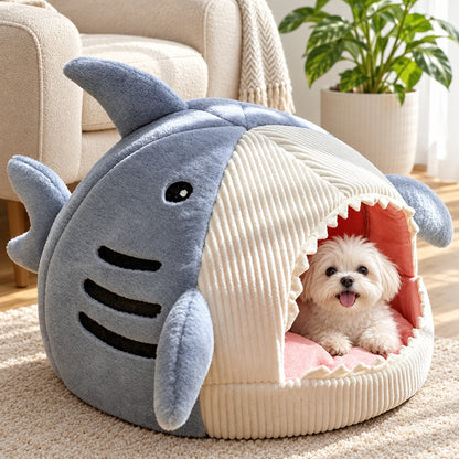 Small dog in the Luxury Plush Shark Pet Bed