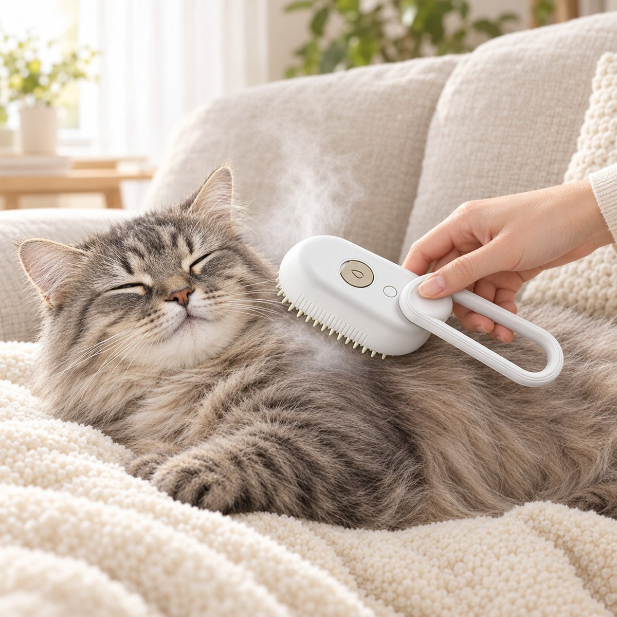 Cat being groomed with the Electric Cat Steam Brush